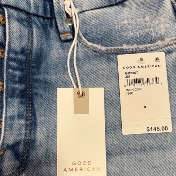 Good American Good Boy Flare Jeans Distressed Hem Slit Light Wash‎ Size 0 NWT - Picture 3 of 14